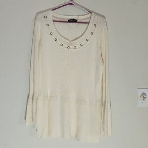Ivanka Trump XL Ivory Peplum Sweater Grommet Neck Bell Sleeve Office Siren